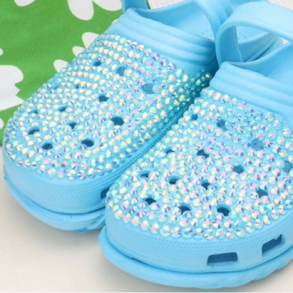 Blue Bling Rhinestone Crystal Slip On Croclike Slides Rubber Clogs Shoes - Picture 2 of 5